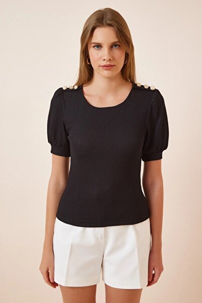 hazelin Жіноча чорна в'язана блузка з ґудзиками на плечах HZL23S-BD104681