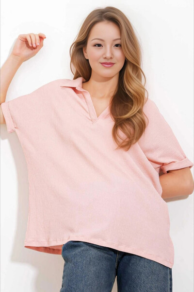 hazelin Kadın Pudra Pembe Polo Yaka Geniş Kesim Örme Bluz HZL24S-BD104861