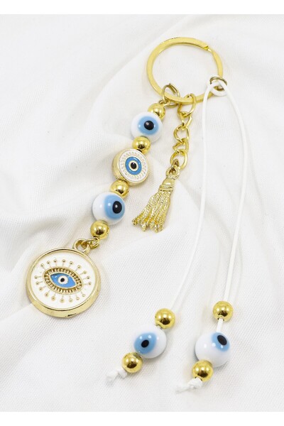 biuti White Color, Wreath Evil Eye Beaded Eye Figure Keychain, Gift Bag Ornament