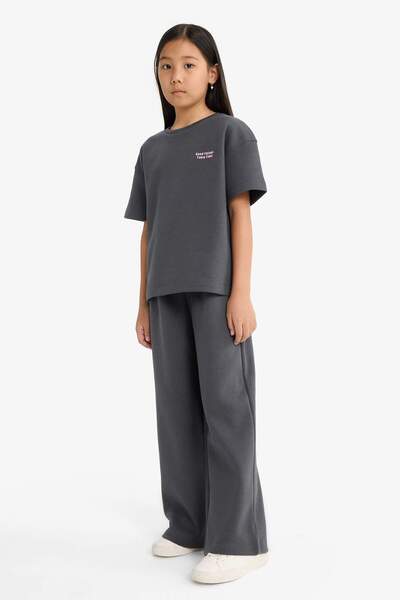 DeFacto Girls' 2-Piece Set Printed Short Sleeve T-Shirt Sweatpants G2842A825Au