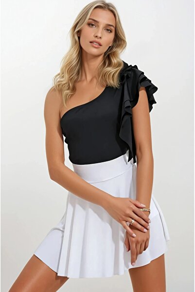 OLSAMODA KADIN TEK OMUZ DRAPELİ OMUZU FIRFIRLI LİKRALI KUMAŞ BLUZ