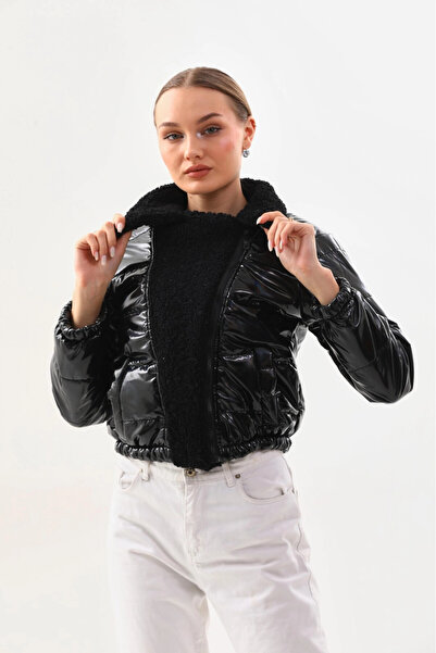 hazelin Γυναικείο μαύρο λουστρίνι με επένδυση στο πλάι και ελαστική μέση, λούτρινο μπουφάν με λεπτομέρειες HZL24W-BRC129381