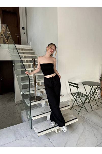 hazelin Kadın Siyah Cepli Beli Lastikli Bol Paça Keten Pantolon HZL24S-ZK11051