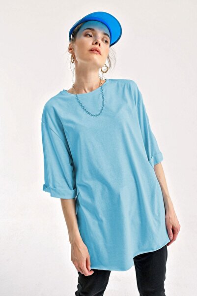 hazelin Γυναικείο πλεκτό μπλουζάκι με λαιμόκοψη τιρκουάζ με σκίσιμο στο πλάι και πλισέ μανίκια Oversize HZL22S-BD143251