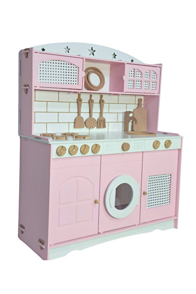 hedefixtoys Küçük Şefin Pembe Ahşap Mutfağı 9 Parça Servis Setli