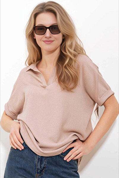 hazelin Beige Polo Neck Wide Cut Women's Knitted Blouse - HZL24S-BD104861