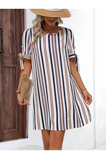 hazelin Kadın Krem Lacivert İthal Keten Baskılı Bisiklet Yaka Astarsız Elbise...