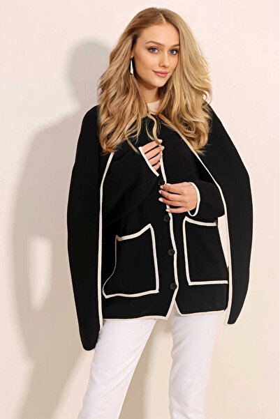 hazelin Women's Black Buttoned Pocket Shawl Collar Scarf Knitwear Cardigan HZL24W-BD1102281