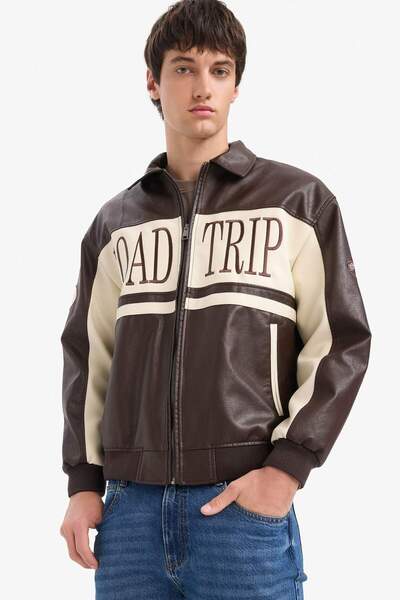 DeFacto Oversize Geniş Kalıp Gömlek Yaka Fermuarlı Nakış Detaylı İç Cepli Suni Deri Mont E8820AX25AU