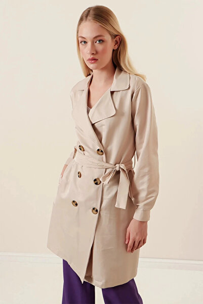 hazelin Women's Cream Double Breasted Collar Belted Unlined Seasonal Casual Short Trench Coat Hzl23S-Bd158641