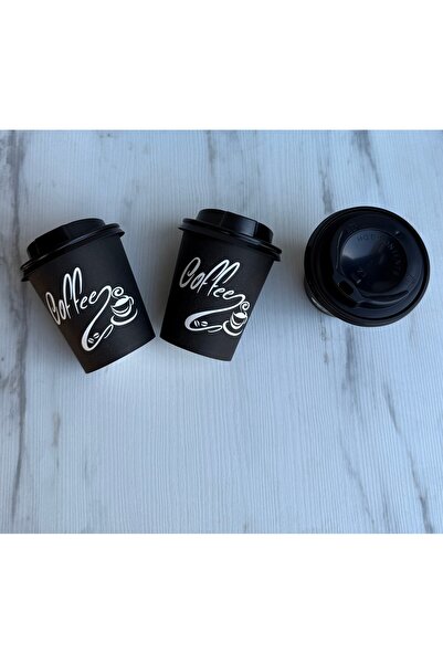 maycup 8 Oz Kapaklı Karton Bardak Latte Bardağı Siyah 500 Adet Bardak 500 Adet Kapak