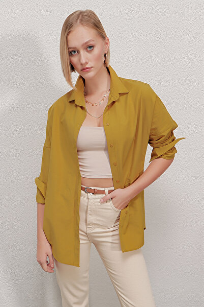 hazelin Kadın Hardal Oversize Uzun Basic Gömlek HZL22W-BD139001