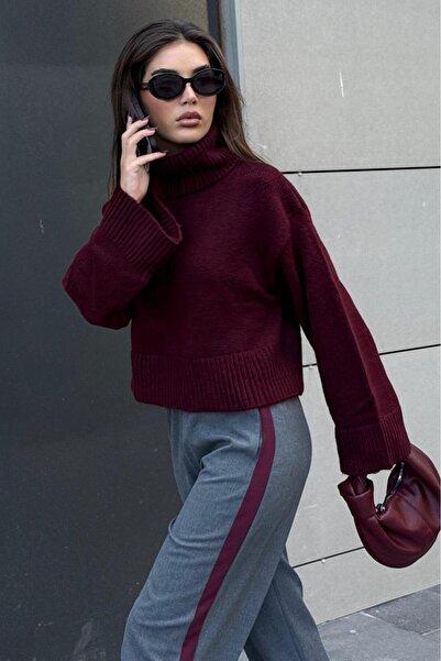 Madmext Bordo Boğazlı Kadın Triko Kazak MG2255