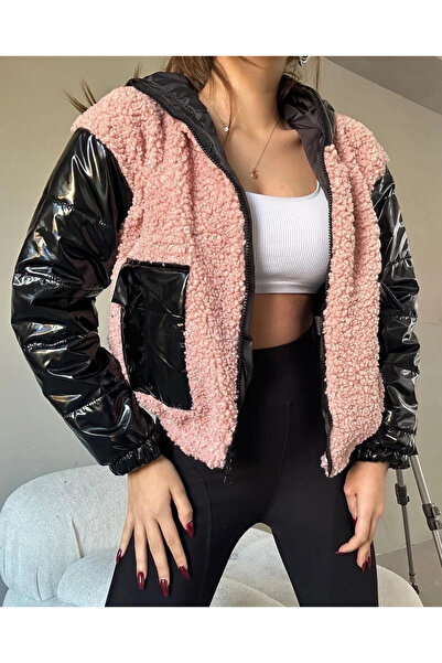 hazelin Women's Pink Black Patent Leather Lined Elastic Waist Hooded Crop Plush Coat Hzl24W-Brc144441