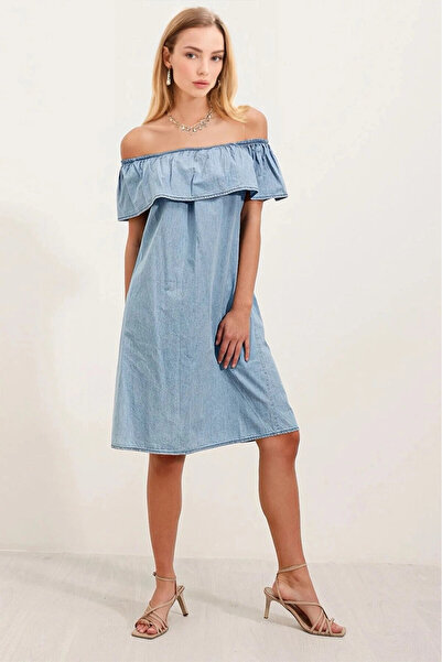 hazelin Kadın Açık Mavi Kolsuz Omzu Açık Carmen Yaka Jean Elbise HZL24S-BD114811