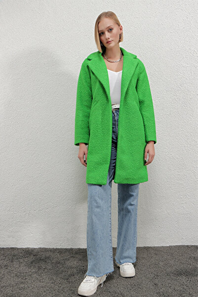 hazelin Kadın Yeşil Tek Düğmeli Çift Cepli Astarlı Buklet Kaşe Kaban Hzl22w-b...