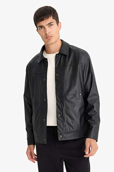 DeFacto Su Geçirmez Regular Fit Çıtçıtlı Suni Deri İç Cepli Ceket Mont F9779AX25WN