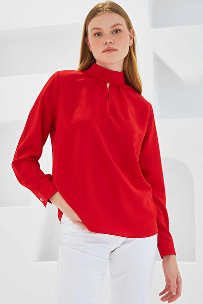 hazelin Kadın Kırmızı Pencere Detaylı Dökümlü Uzun Kollu Bluz HZL22S-BD104181