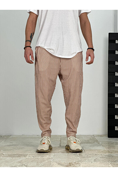 hazelin Чоловічі білі штани з смужками, зав'язкою на талії, прямим кроєм і ки...
