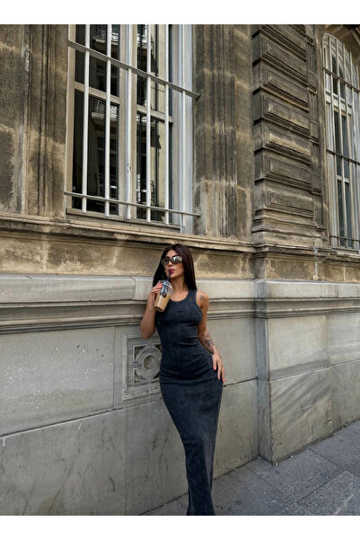 hazelin Black Corduroy Long Dress - Crew Neck, Zero Sleeve, Washable HZL24S-VL1241071