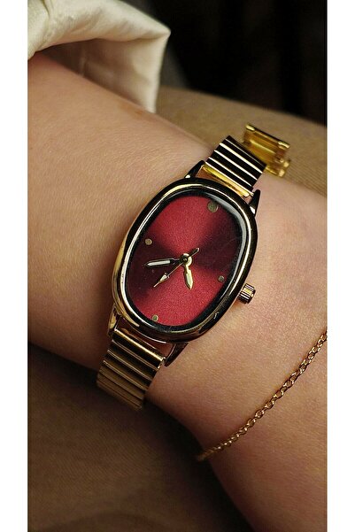 Melinora Arven Sera Oval Red Dial Gold Metal Band Women's Wristwatch