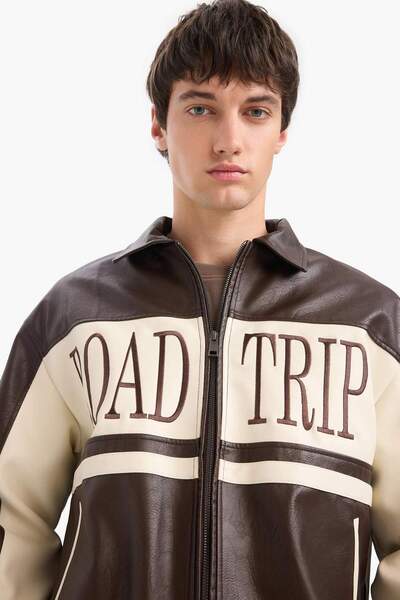 DeFacto Oversize Geniş Kalıp Gömlek Yaka Fermuarlı Nakış Detaylı İç Cepli Suni Deri Mont E8820AX25AU