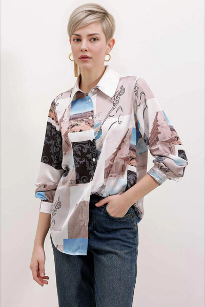 hazelin Ανοιχτό μπεζ στάμπα σατέν πουκάμισο για γυναίκες - ελαφρύ και επιφανειακό HZL24S-BD 1202441