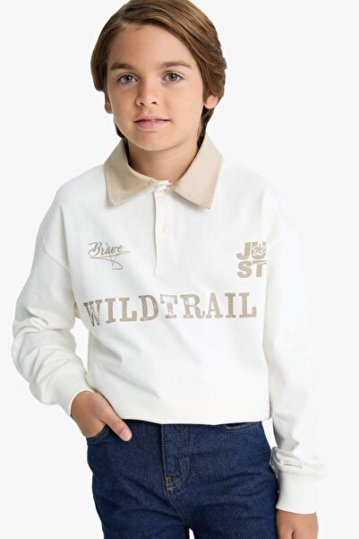 DeFacto Boy's Oversize Wide Fit Polo Neck Printed Long Sleeve T-Shirt G1815A825Au