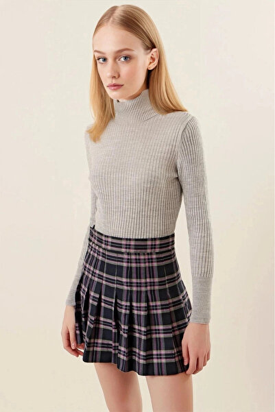 hazelin Women's Gray Turtleneck Ribbed Knitwear Turtleneck Sweater HZL22W-BD1445001