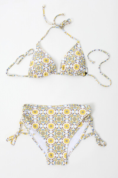 hazelin Білий бікіні з високою талією, синім візерунком і шнурками HZL24S-LC3308