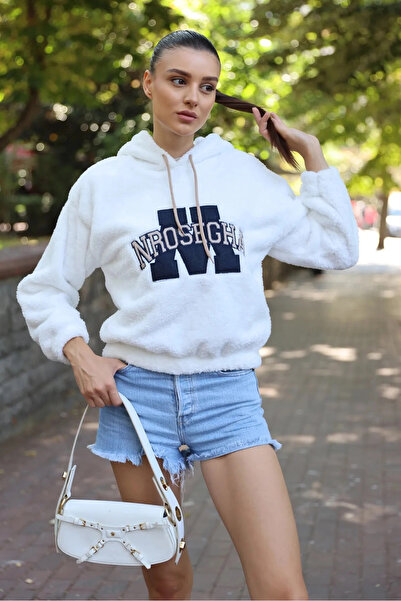 hazelin Women's White Printed Elastic Waist Hooded Comfortable Plush Sweatshirt HZL23W-BD1554131