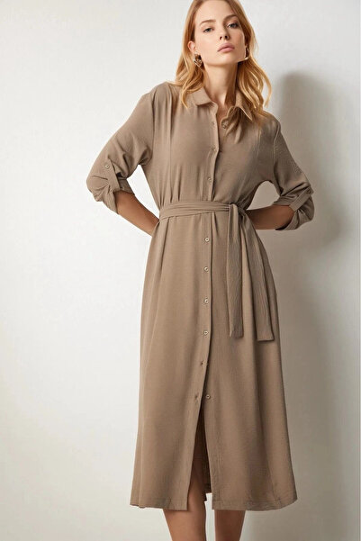 hazelin Kadın Krem Gizli Cepli Kuşaklı Viskon Gömlek Elbise HZL24S-BD124421