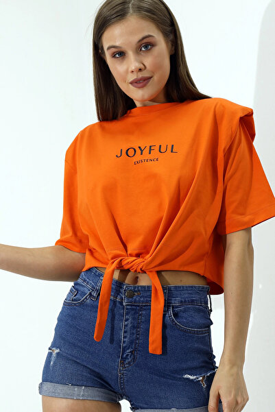 hazelin Women's Orange Text Printed Oversize Padded Waist Detail Knitted T-Shirt HZL23S-DSB120231