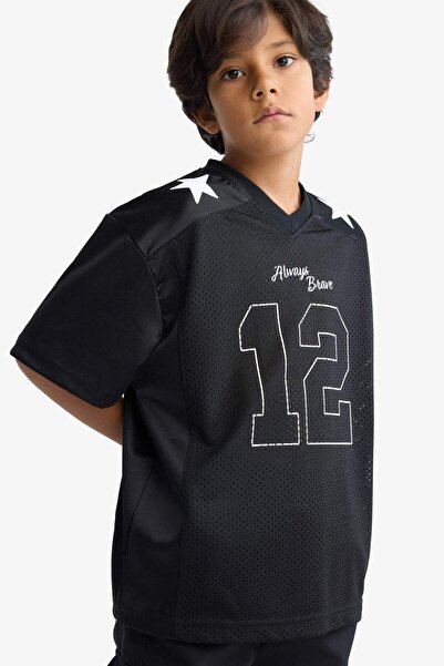 DeFacto Μπλουζάκι για αγόρια Oversize με φαρδύ κοψίματο με λαιμόκοψη σε σχήμα V με στάμπα από τούλι και κοντό μανίκι G1684A825AU