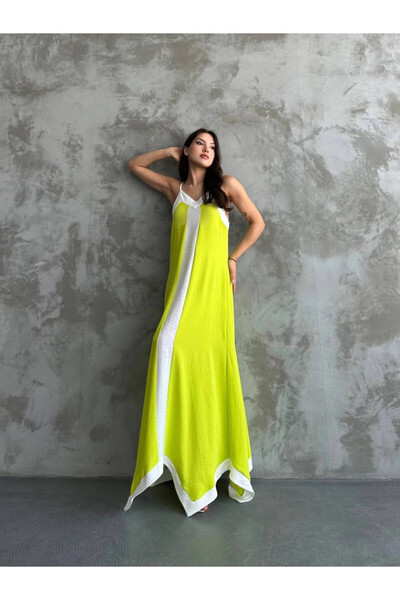 hazelin Kadın Fıstık Yeşili Beyaz Detaylı Asimetrik Kesim V Yaka İp Askılı El...