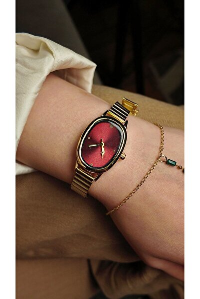 Melinora Arven Sera Oval Red Dial Gold Metal Band Women's Wristwatch