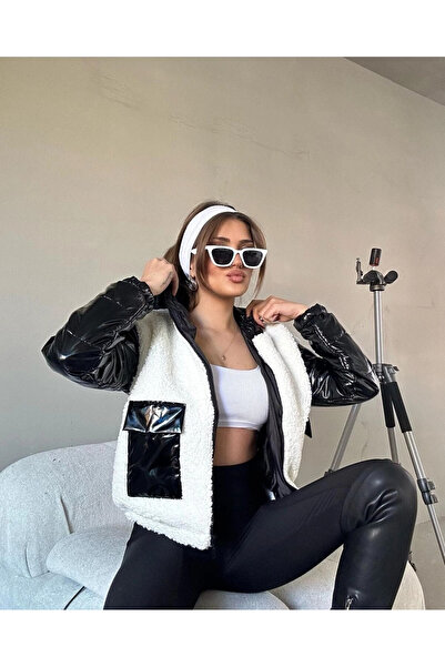 hazelin Women's White Black Patent Leather Lined Elastic Waist Hooded Crop Plush Coat Hzl24W-Brc144441
