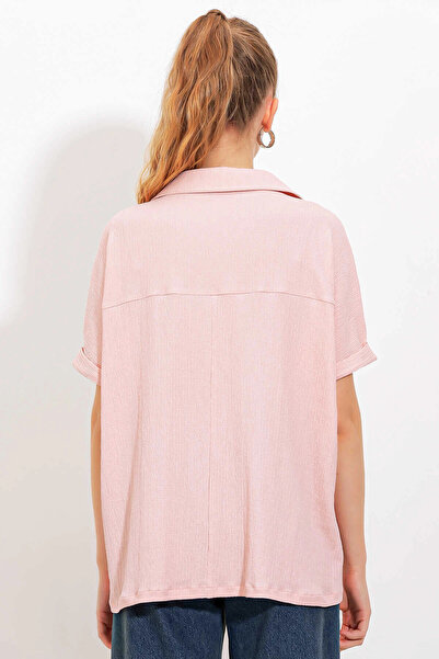 hazelin Kadın Pudra Pembe Polo Yaka Geniş Kesim Örme Bluz HZL24S-BD104861