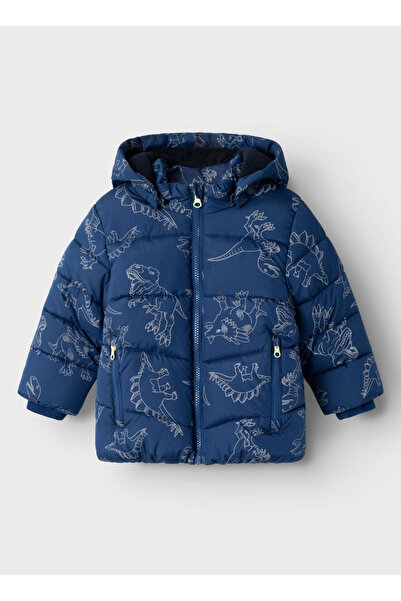 name ıt Koyu Mavi Erkek Fermuarlı Yaka Normal Kalıp Desenli Puffer Mont 13231303