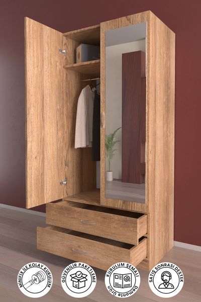 Hediyeler Kapında Aynalı 2 Kapaklı Gardırop 5 Raflı 2 Çekmeceli Askılı Elbise Dolabı Ahşap