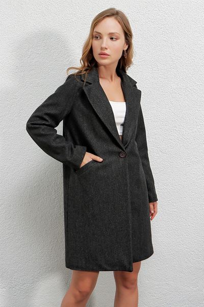 hazelin Women's Anthracite Single Button Double Pocket Lined Stylish Cashmere Coat Hzl23W-Bd190851