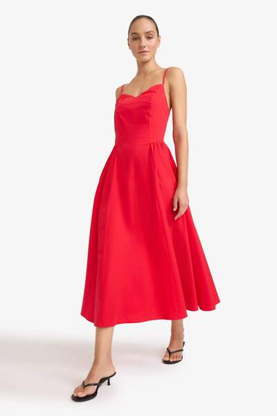 DeFacto V-Neck Poplin Strap Red Midi Dress F7075Ax25Sm