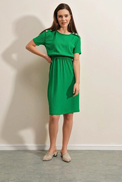 hazelin Γυναικείο πράσινο ελαστικό φόρεμα με λεπτομέρεια με κουμπιά στη μέση, άνετο πλεκτό φόρεμα HZL22S-BD123751