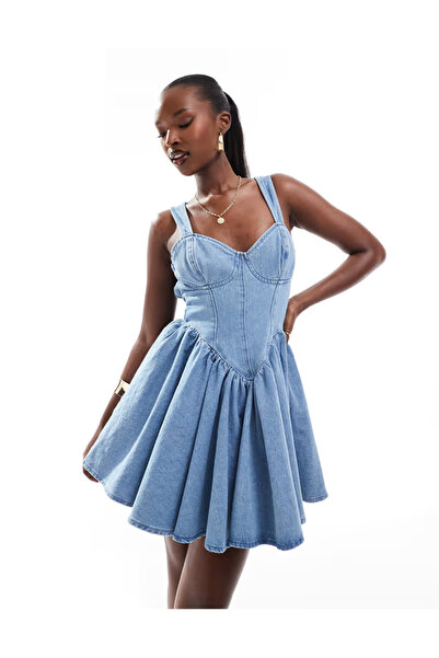 Şans Γυναικείο φόρεμα μεγάλου μεγέθους μπλε, με λεπτομέρεια φιόγκου στην πλάτη, πλενόμενο τζιν φόρεμα 65N39017
