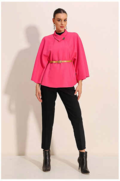 hazelin Women's Fuchsia Judge Collar Belt Detailed Stitched Poncho HZL24W-BD191341