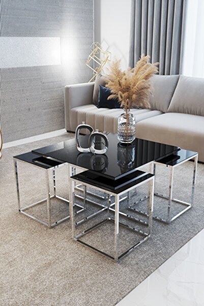 home plus mobilya Roma 5'li Gümüş Kaplama Siyah Aynalı Orta Sehpa & Zigon Sehpa & Yan Sehpa & Bohem Sehpa Takımı