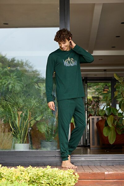 KLY Ανδρικό σετ πιτζάμα με λαιμόκοψη και μανίκια με ριμπάνι, κομψό σχέδιο 6032