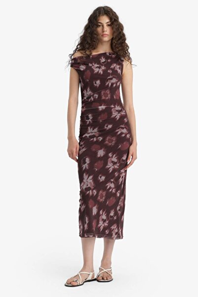 DeFacto Bodycon Vücudu Saran Açık Omuz Çiçek Desenli Tül Maxi Elbise F0421AX25AU