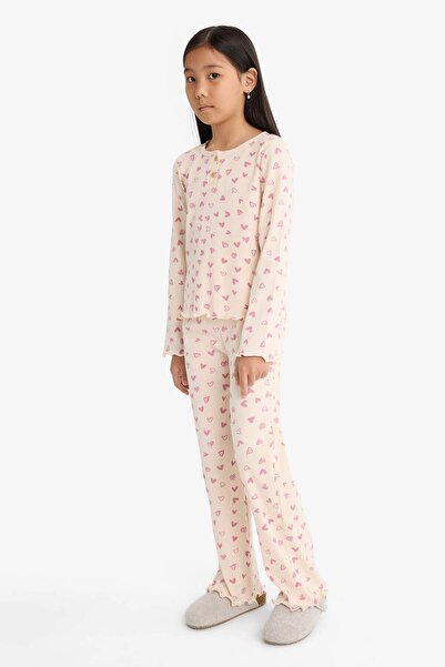 DeFacto Kız Çocuk Pijama Takımı Fitilli Kaşkorse Kalp Desenli Uzun Kollu Üst Uzun Alt F7276A825AU
