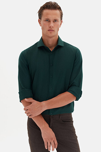 D'S Damat Ds Damat Slim Fit Koyu Yeşil İtalyan Yaka Armürlü Uzun Kollu Kolay Ütülenebilir Nefes Alan Dört